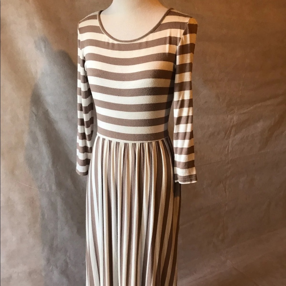 Striped Modest Maxi Dress Taupe and Cream
